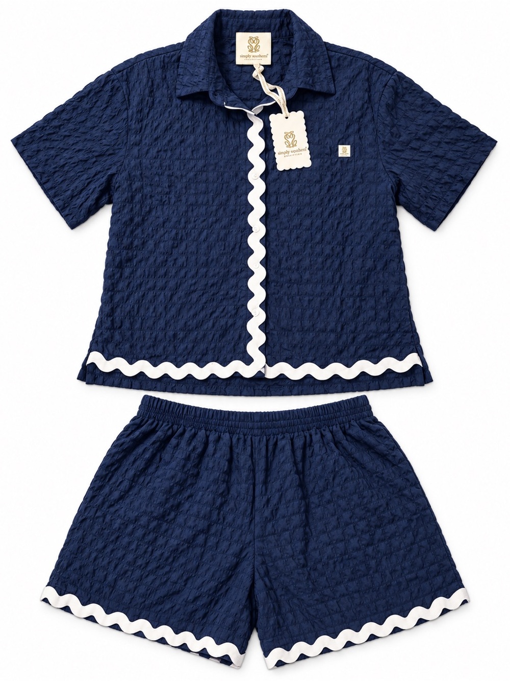 Simply Southern Navy Textured 2 Piece Shorts Shirt Set Women’s Large NWT